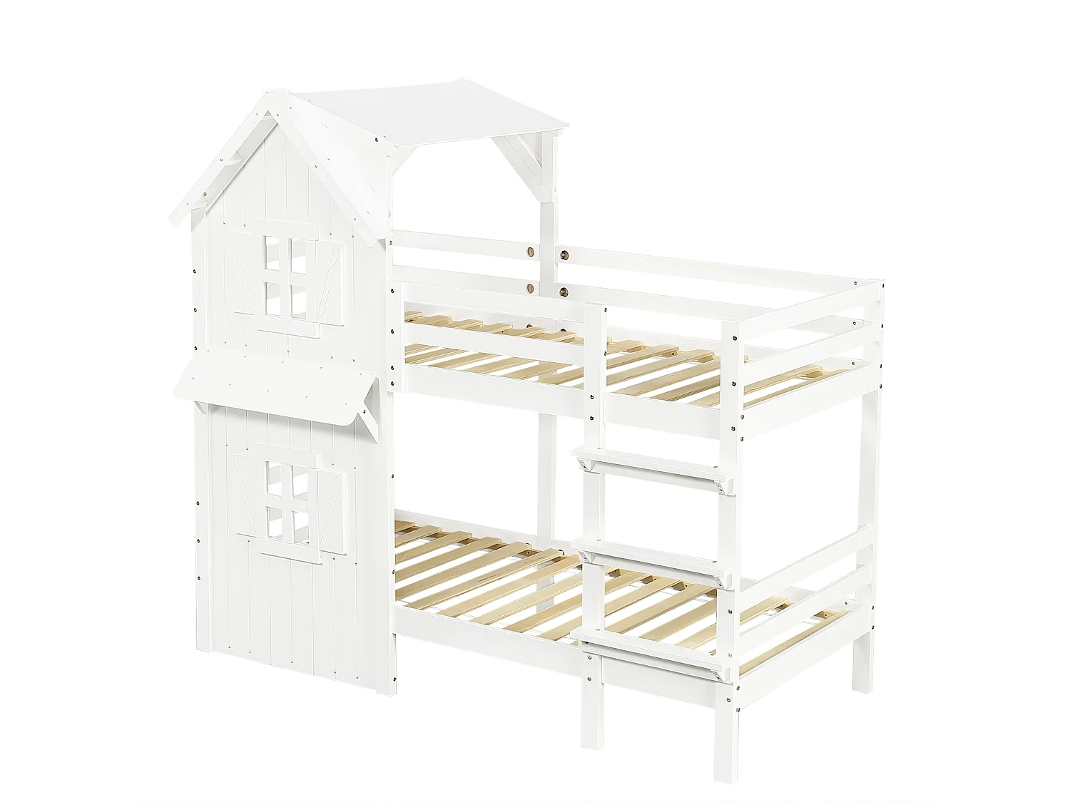Lit superposé cabane enfant 90x200cm avec fenêtre et barrière de sécurité, pin + MDF, blanc