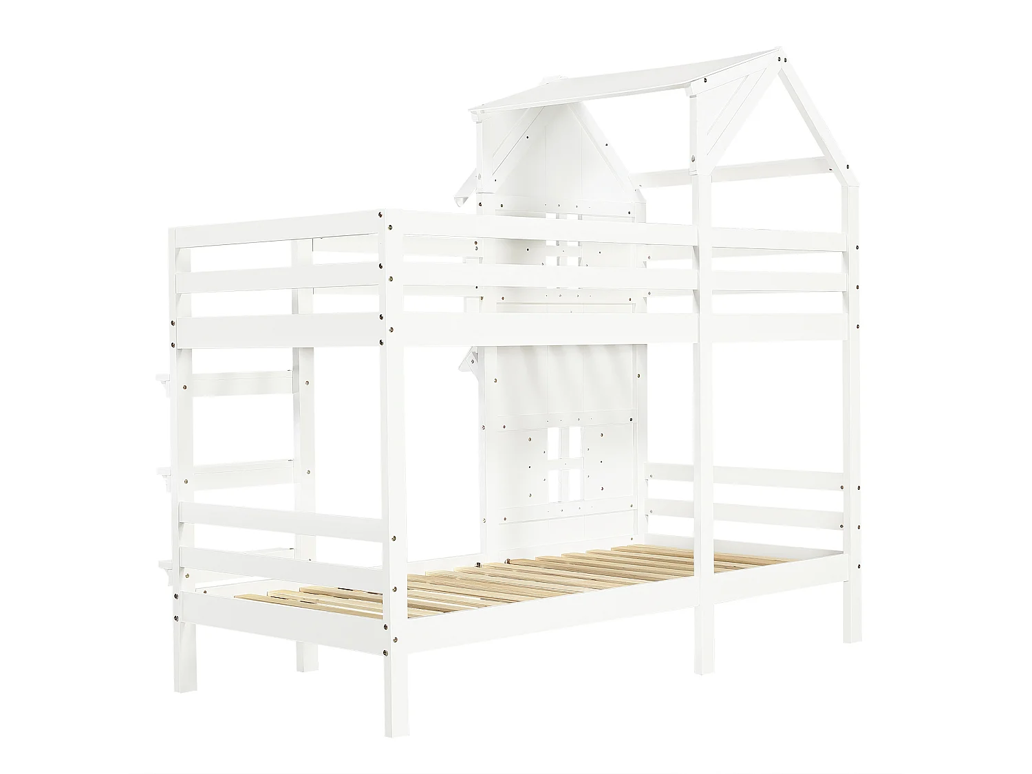 Lit superposé cabane enfant 90x200cm avec fenêtre et barrière de sécurité, pin + MDF, blanc