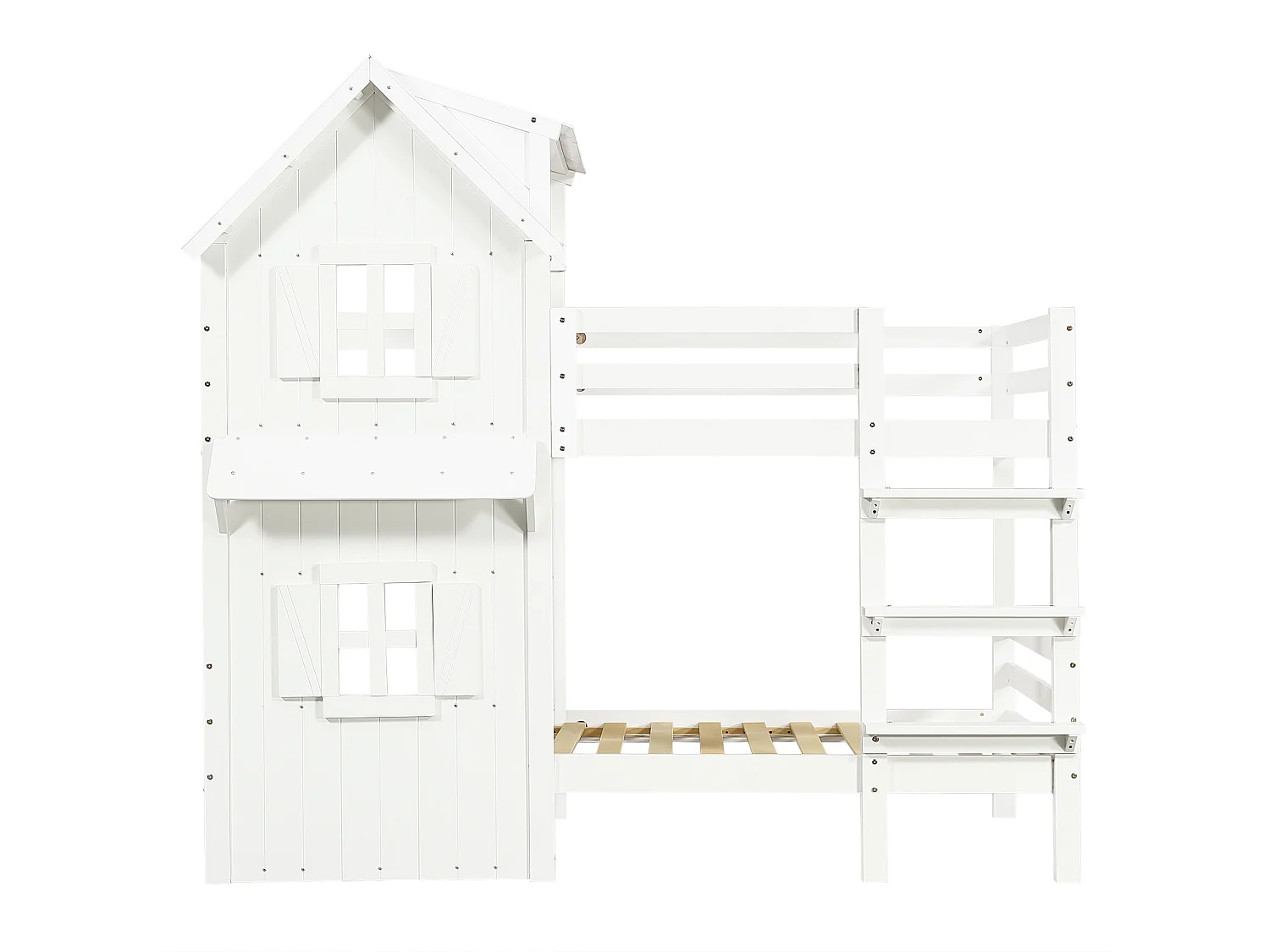 Lit superposé cabane enfant 90x200cm avec fenêtre et barrière de sécurité, pin + MDF, blanc