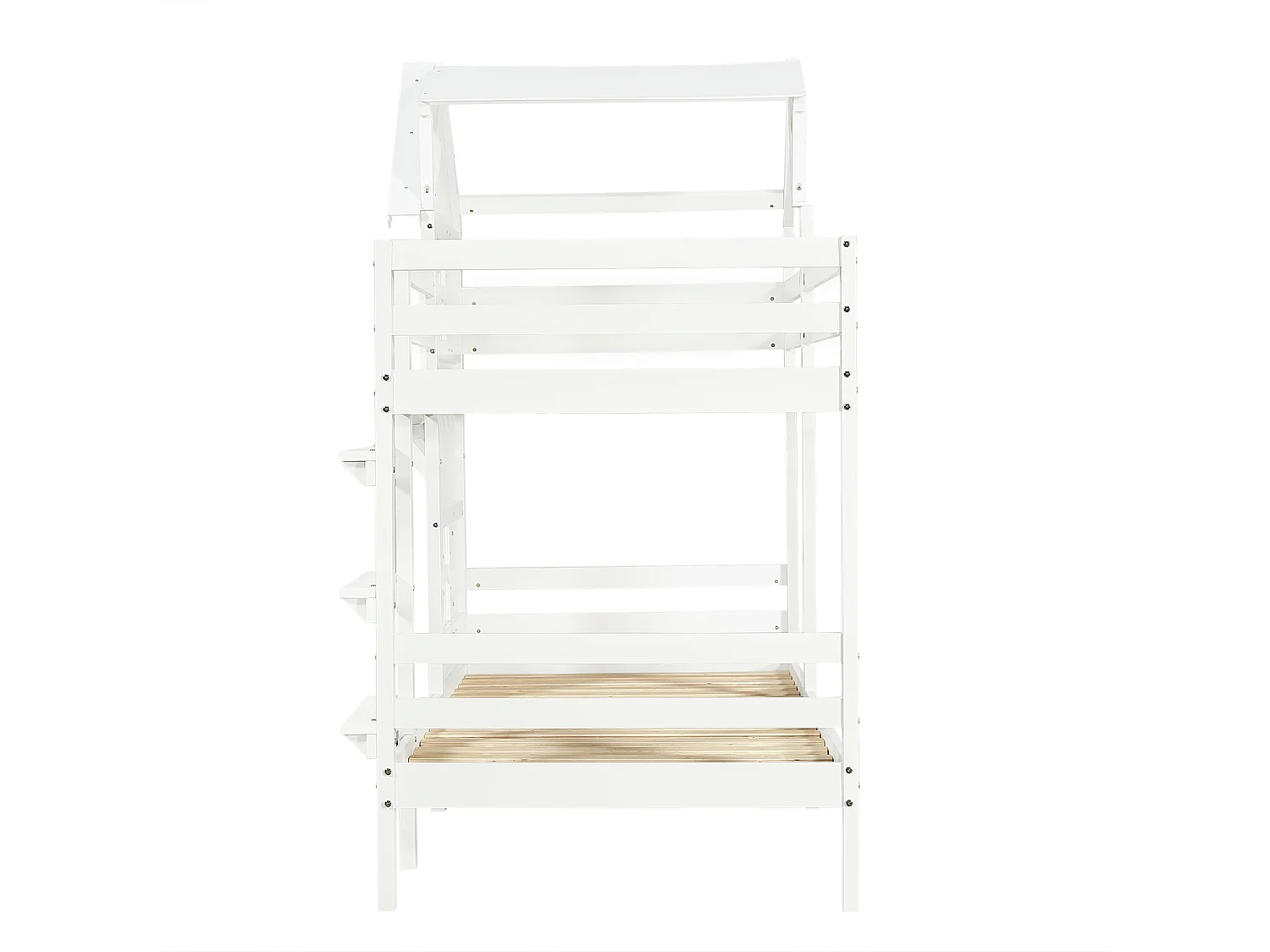 Lit superposé cabane enfant 90x200cm avec fenêtre et barrière de sécurité, pin + MDF, blanc