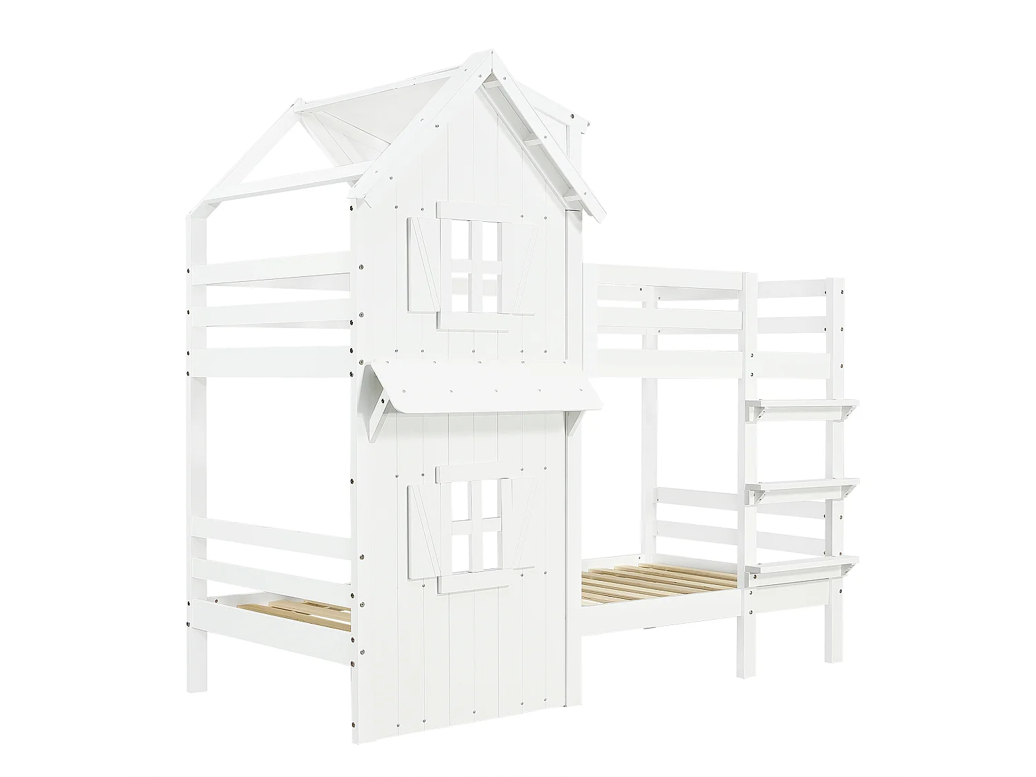 Lit superposé cabane enfant 90x200cm avec fenêtre et barrière de sécurité, pin + MDF, blanc