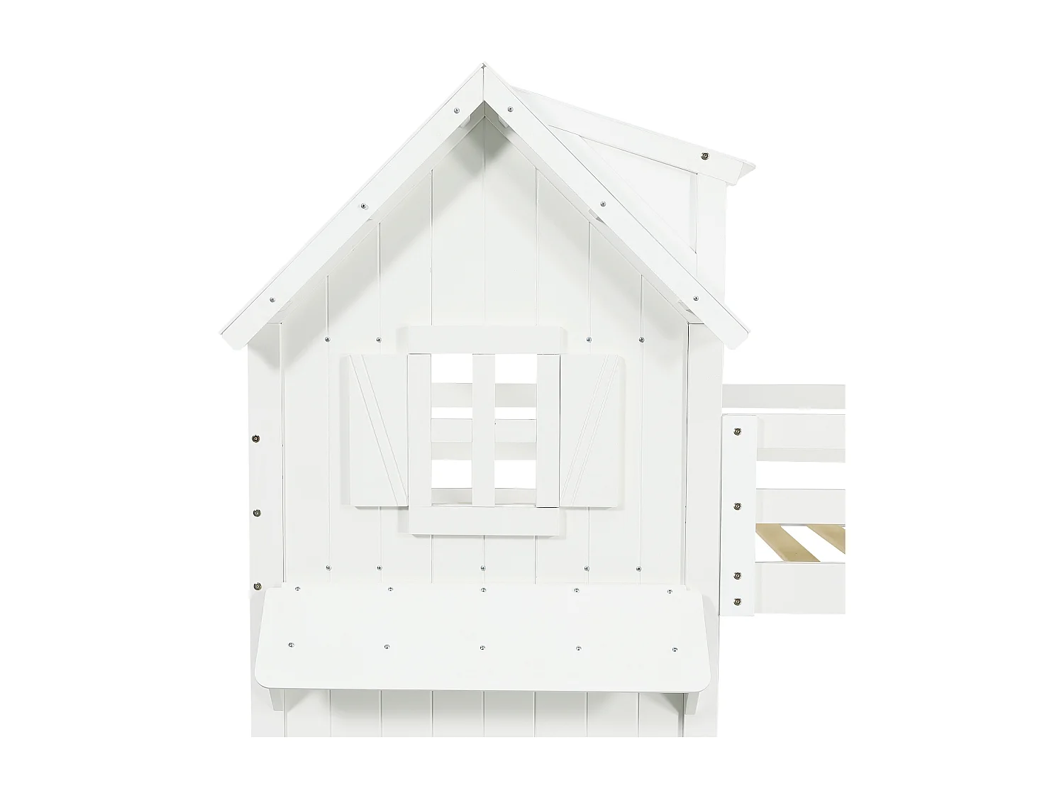 Lit superposé cabane enfant 90x200cm avec fenêtre et barrière de sécurité, pin + MDF, blanc