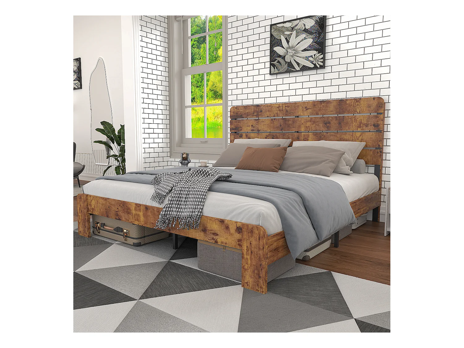 Letto matrimoniale 180x200cm con doghe in ferro e testiera alta, metallo + MDF, marrone