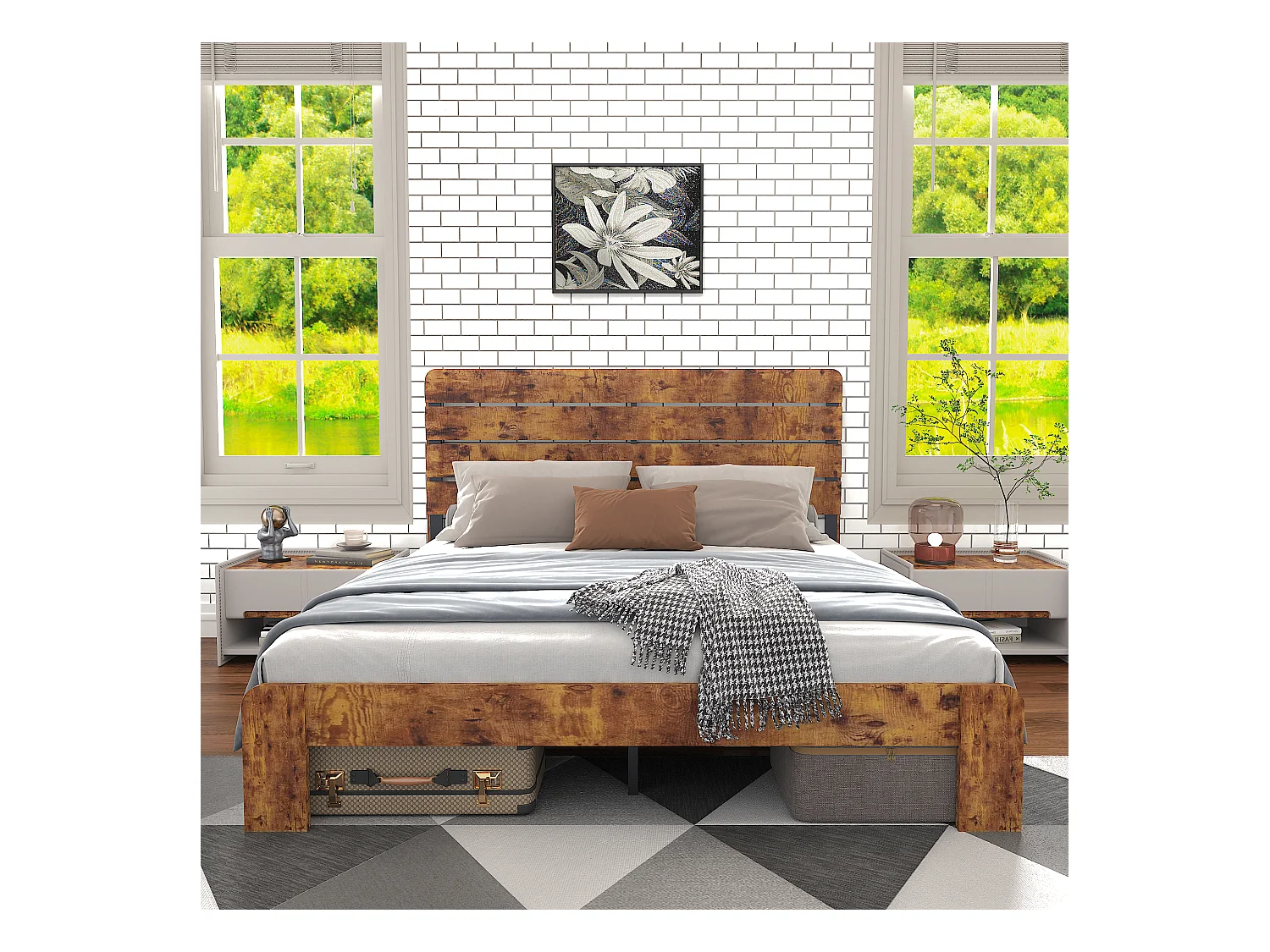 Letto matrimoniale 180x200cm con doghe in ferro e testiera alta, metallo + MDF, marrone