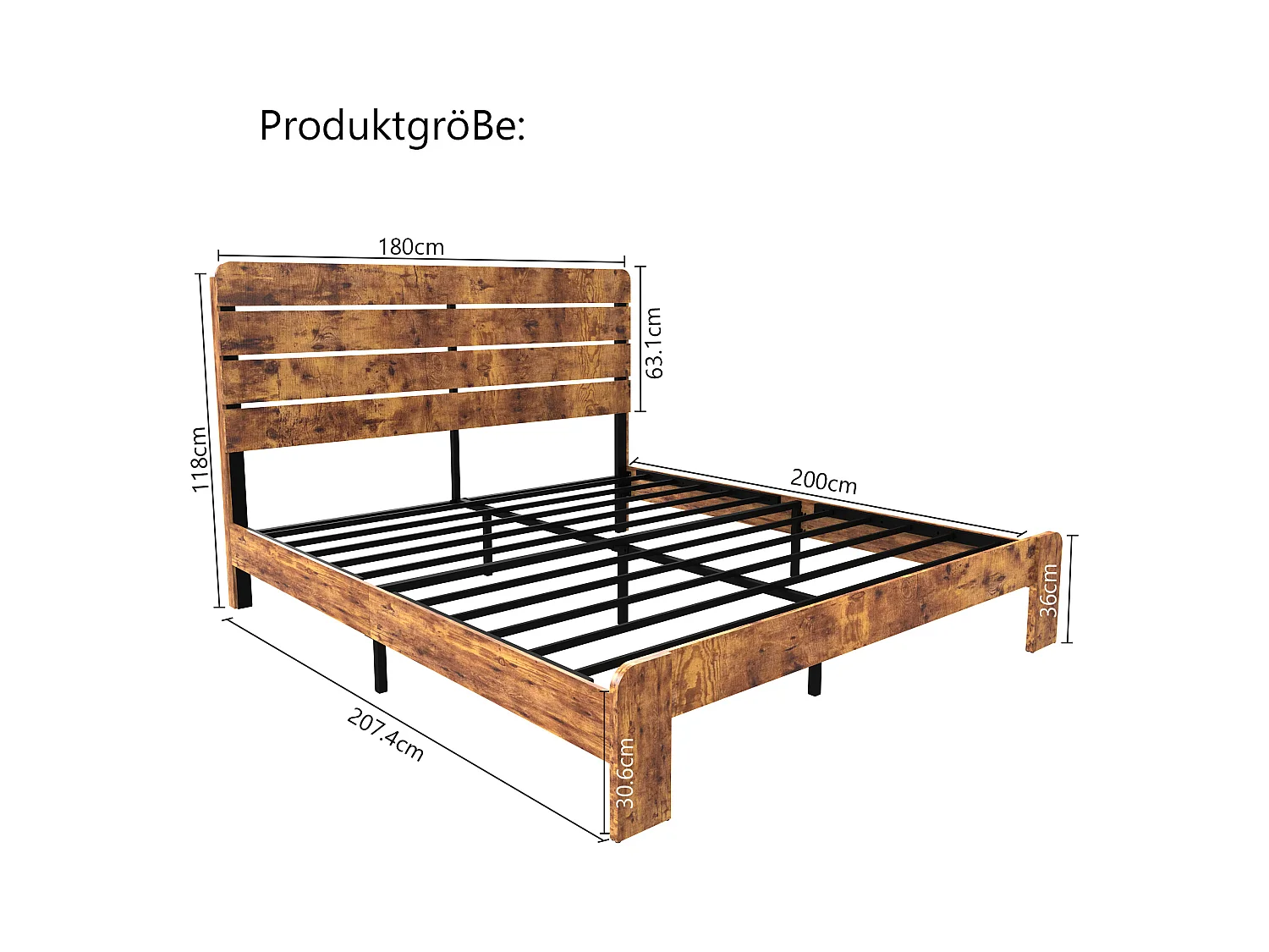 Letto matrimoniale 180x200cm con doghe in ferro e testiera alta, metallo + MDF, marrone