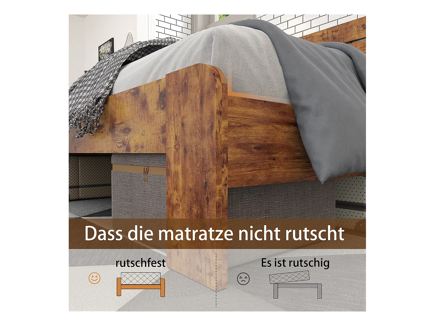 Letto matrimoniale 180x200cm con doghe in ferro e testiera alta, metallo + MDF, marrone