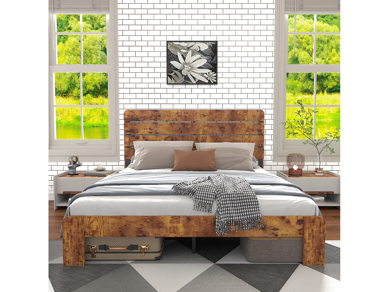 Lit double 180x200cm avec lattes en fer et tête de lit haute, métal + MDF, marron