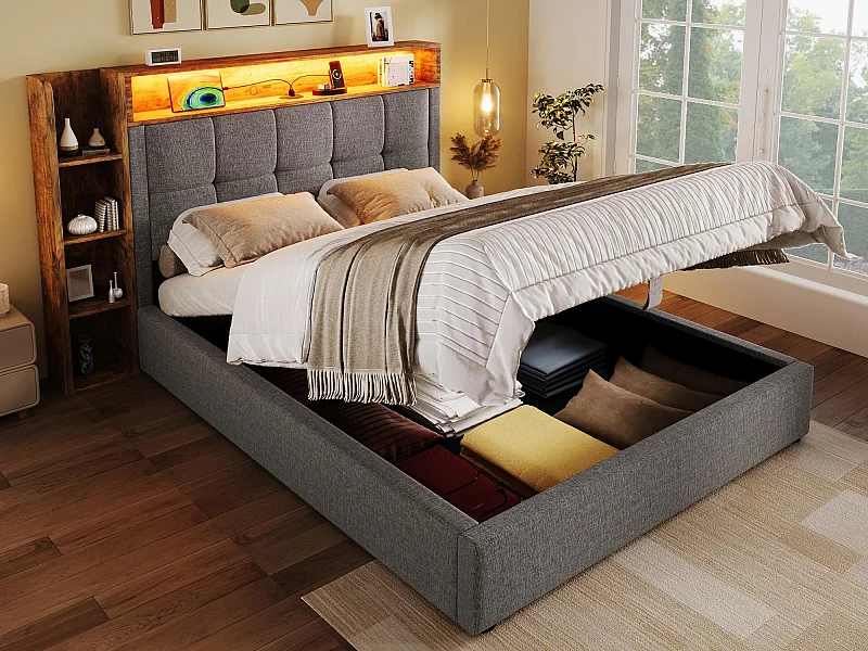 Lit coffre rembourré 90x200 cm - avec USB Type-C - éclairage LED - lin - gris (matelas non inclus)