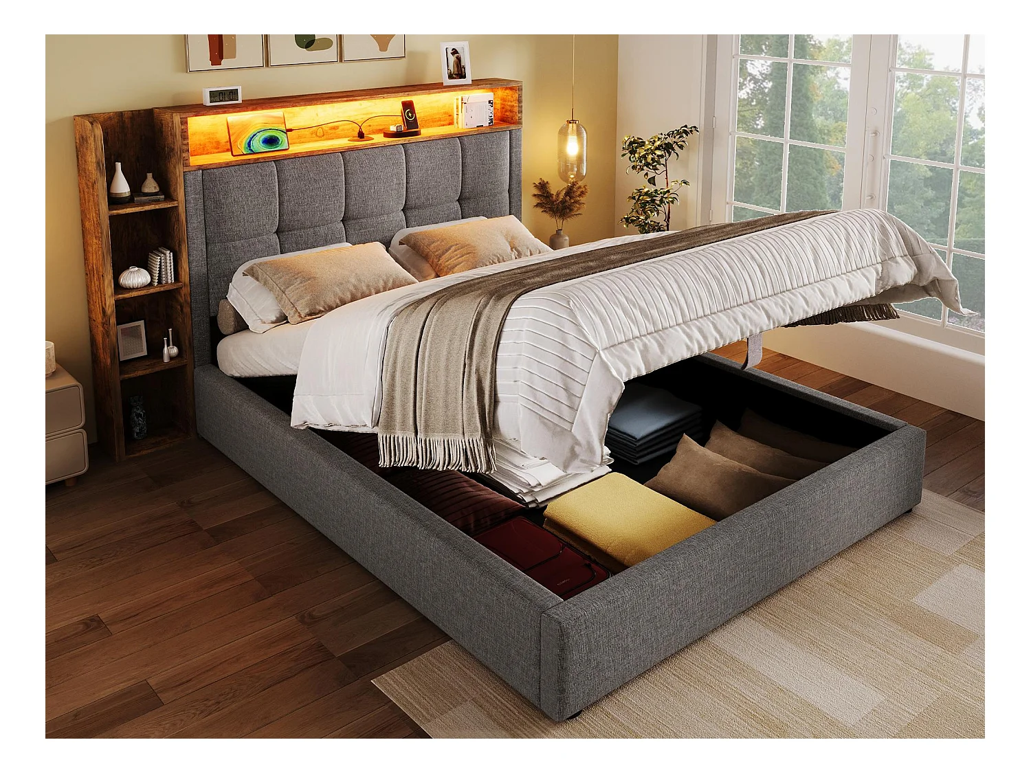 Lit coffre rembourré 90x200 cm - avec USB Type-C - éclairage LED - lin - gris (matelas non inclus)