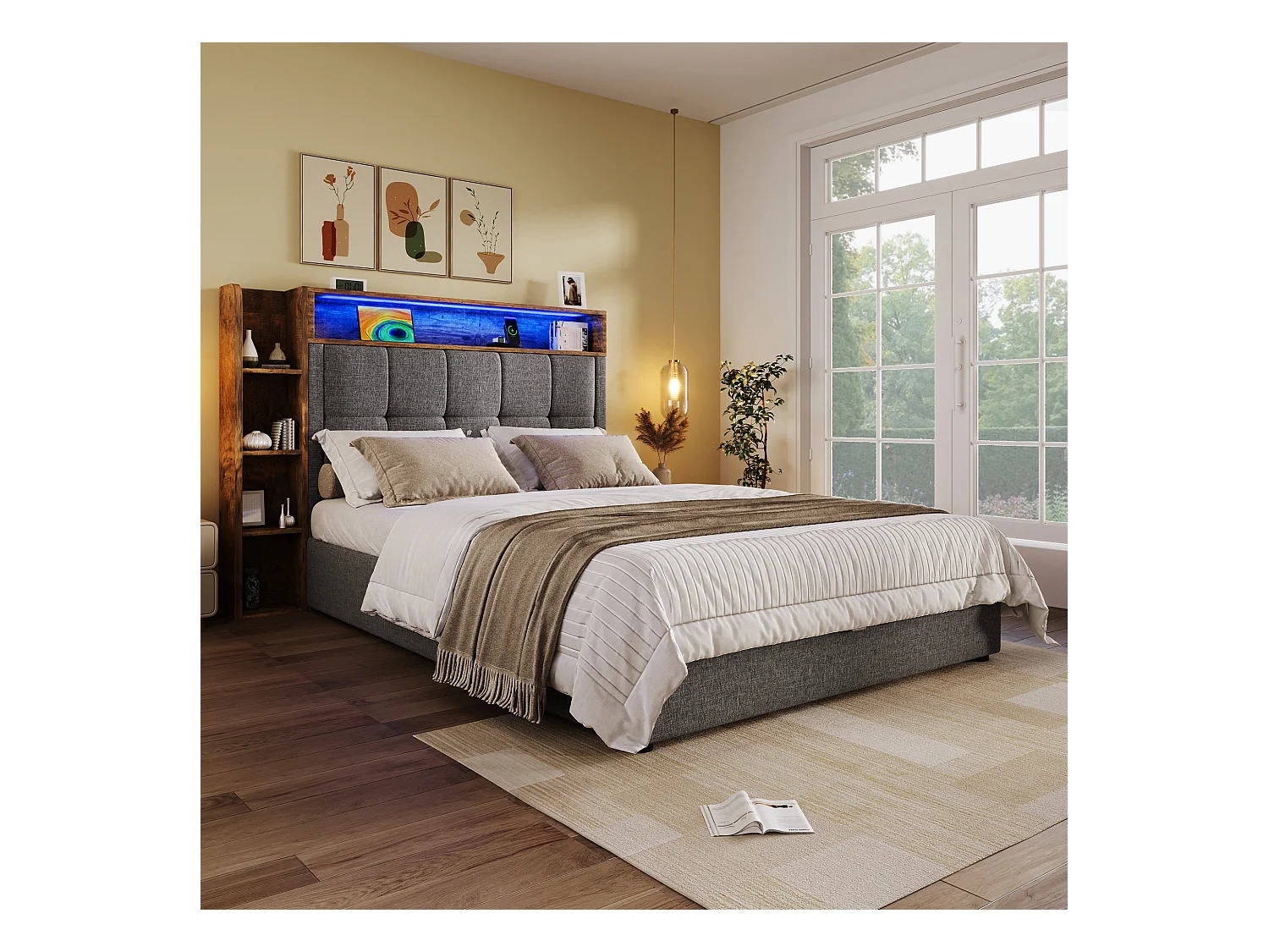 Lit coffre rembourré 90x200 cm - avec USB Type-C - éclairage LED - lin - gris (matelas non inclus)