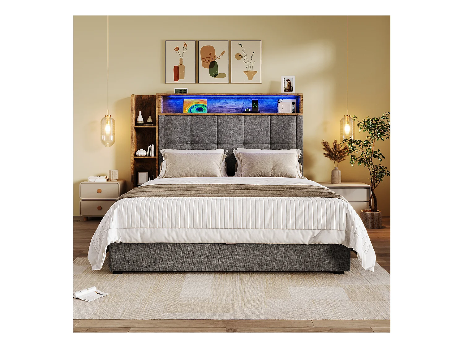 Lit coffre rembourré 90x200 cm - avec USB Type-C - éclairage LED - lin - gris (matelas non inclus)