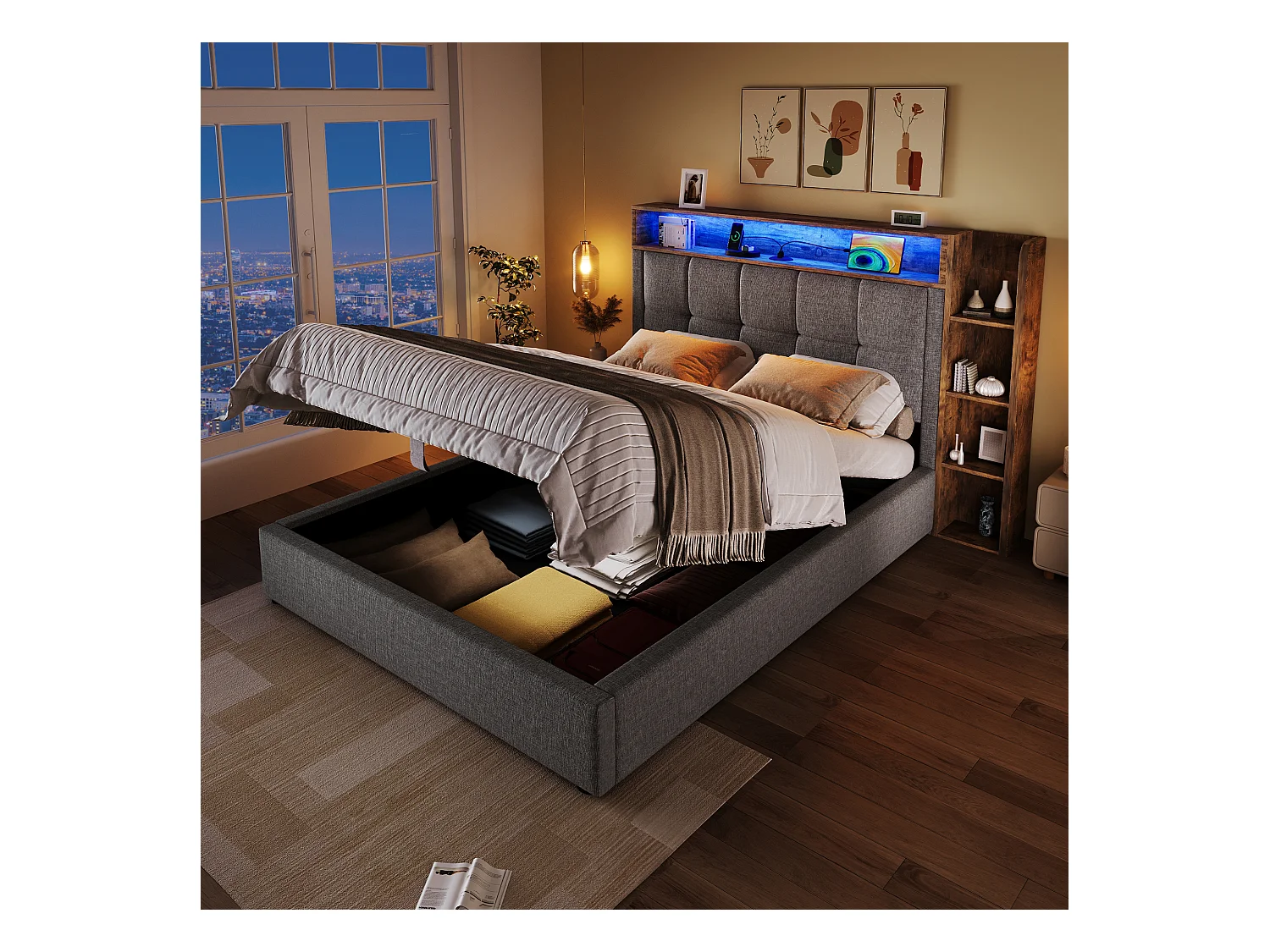 Lit coffre rembourré 90x200 cm - avec USB Type-C - éclairage LED - lin - gris (matelas non inclus)