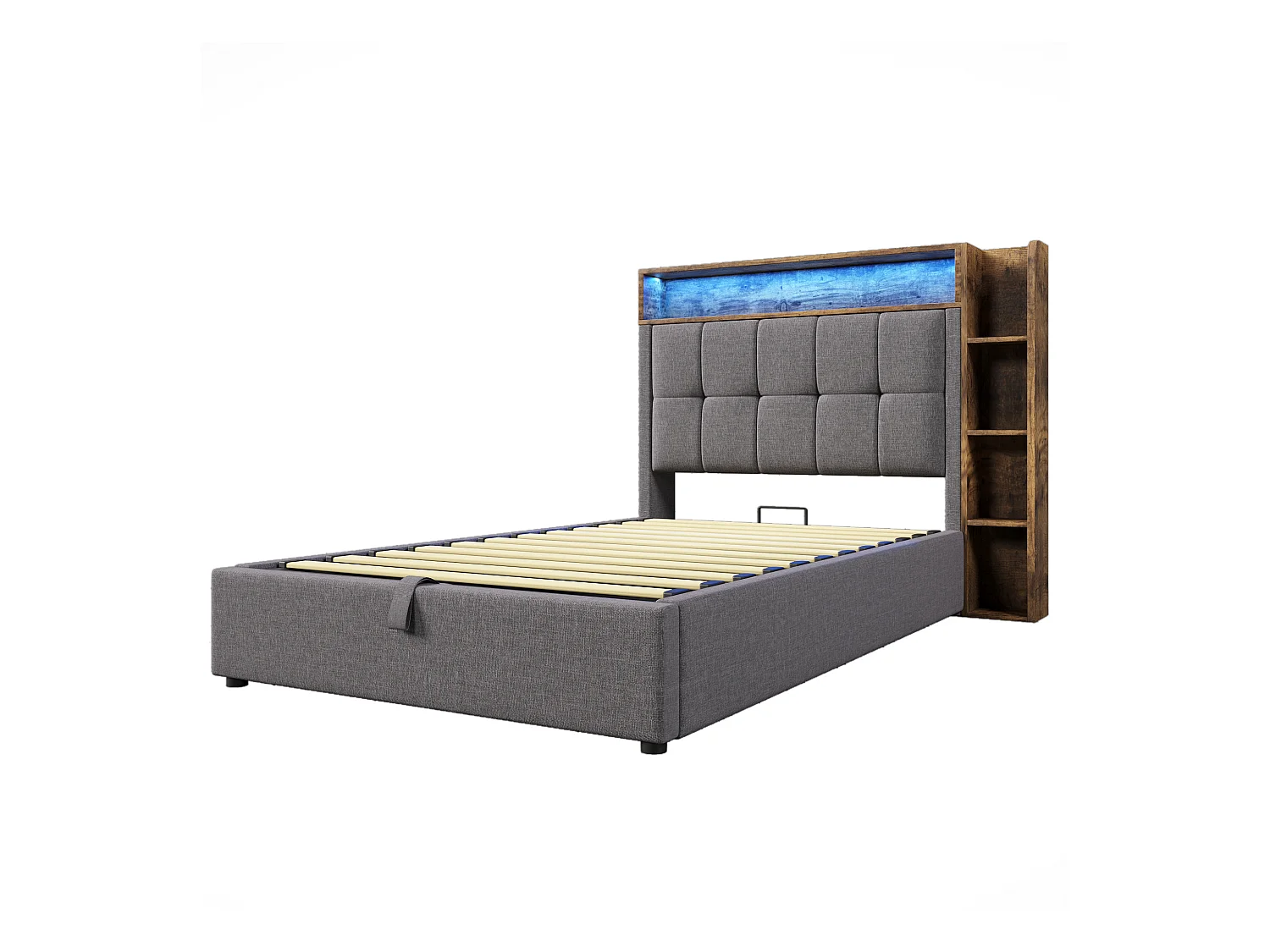 Lit coffre rembourré 90x200 cm - avec USB Type-C - éclairage LED - lin - gris (matelas non inclus)