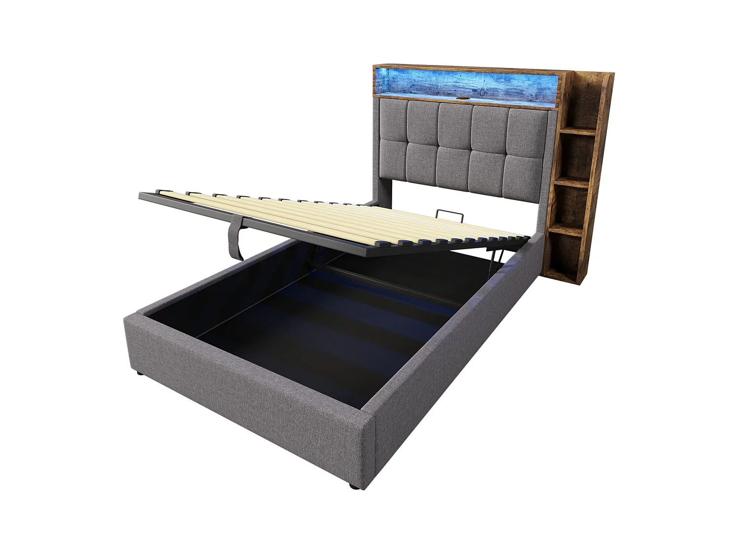 Lit coffre rembourré 90x200 cm - avec USB Type-C - éclairage LED - lin - gris (matelas non inclus)