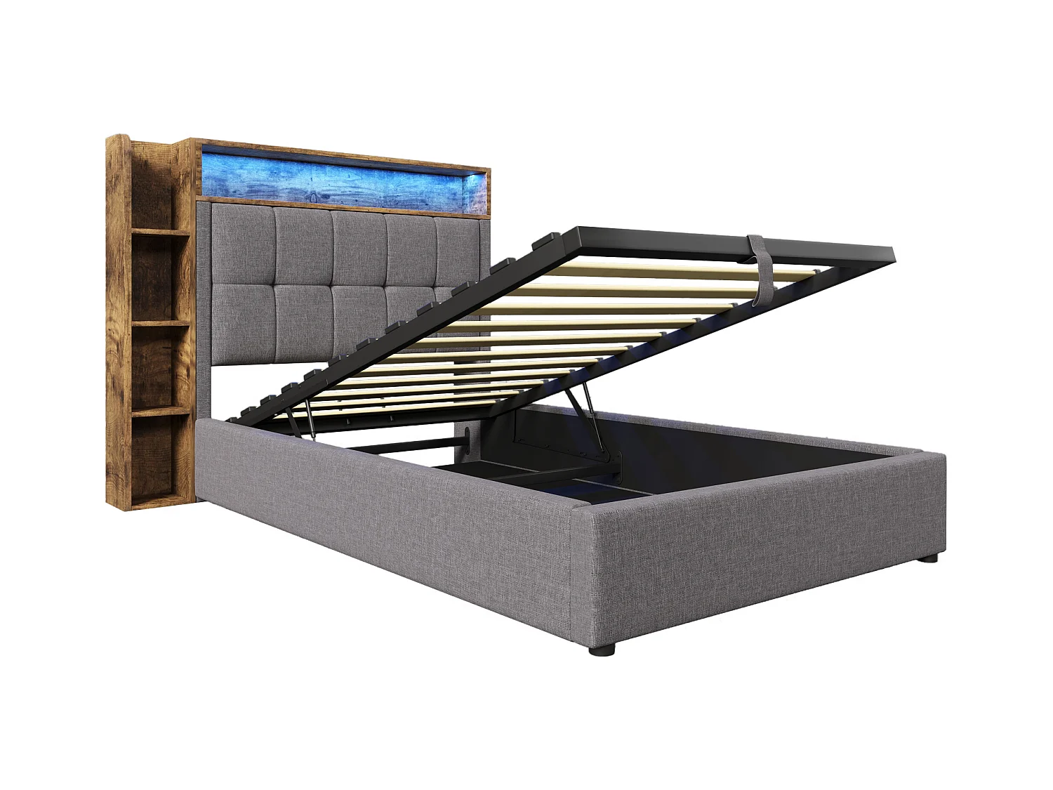 Lit coffre rembourré 90x200 cm - avec USB Type-C - éclairage LED - lin - gris (matelas non inclus)