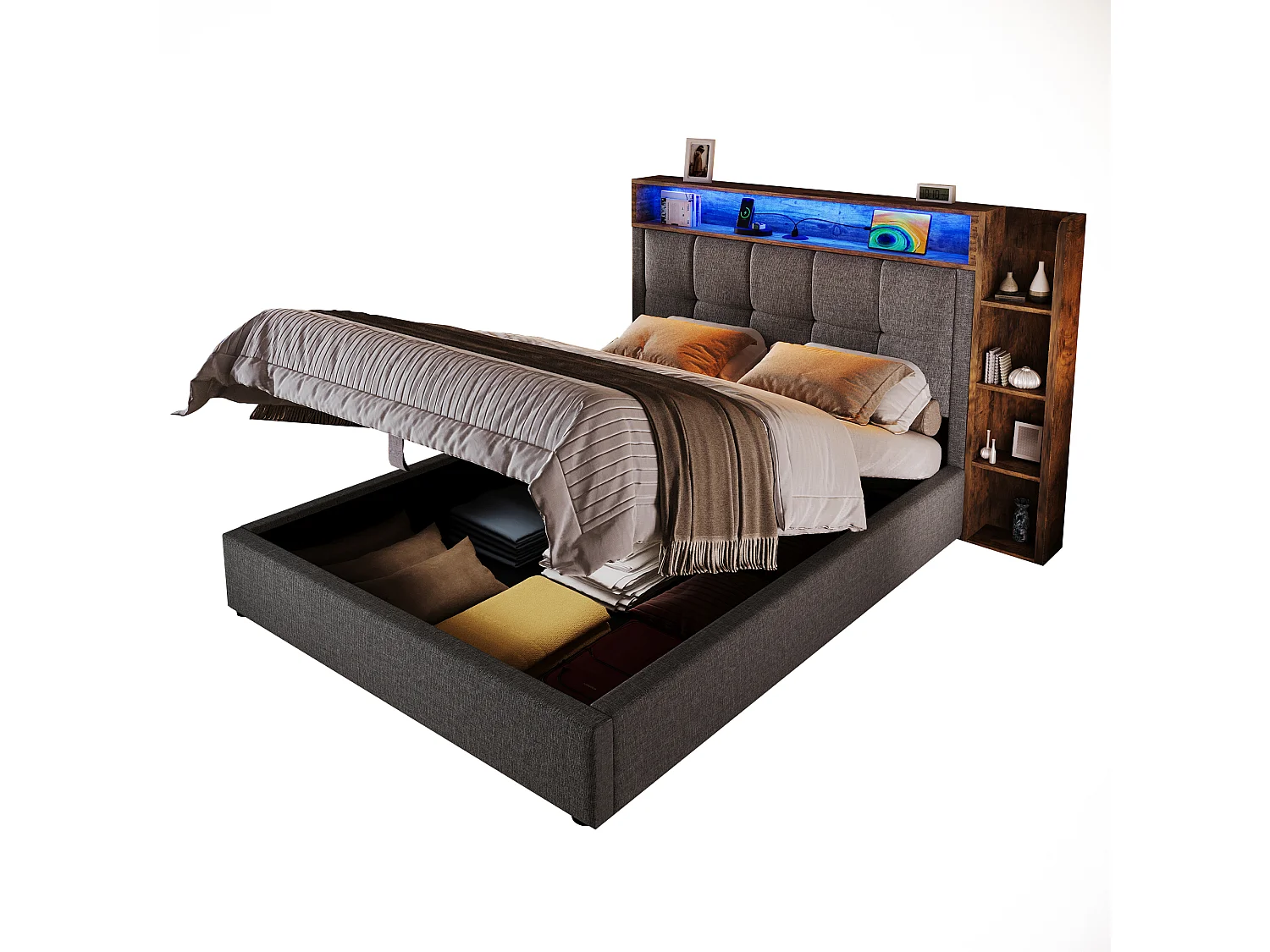 Lit coffre rembourré 90x200 cm - avec USB Type-C - éclairage LED - lin - gris (matelas non inclus)