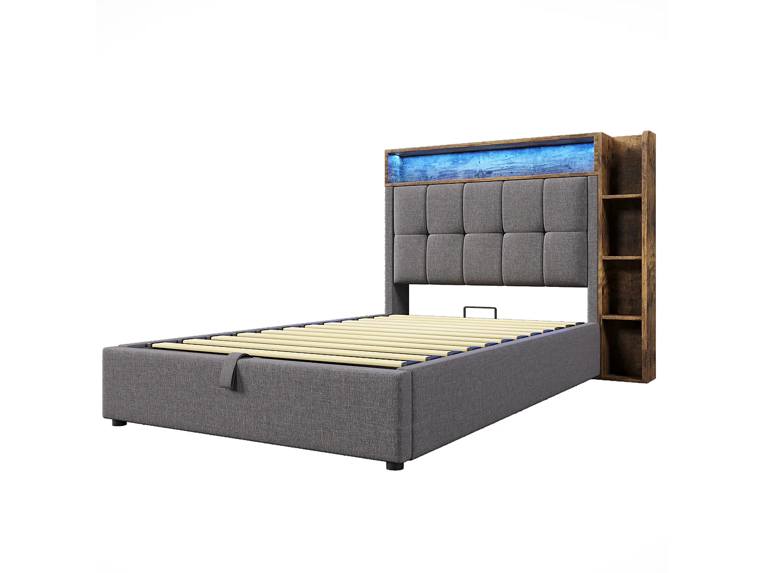 Lit coffre rembourré 90x200 cm - avec USB Type-C - éclairage LED - lin - gris (matelas non inclus)