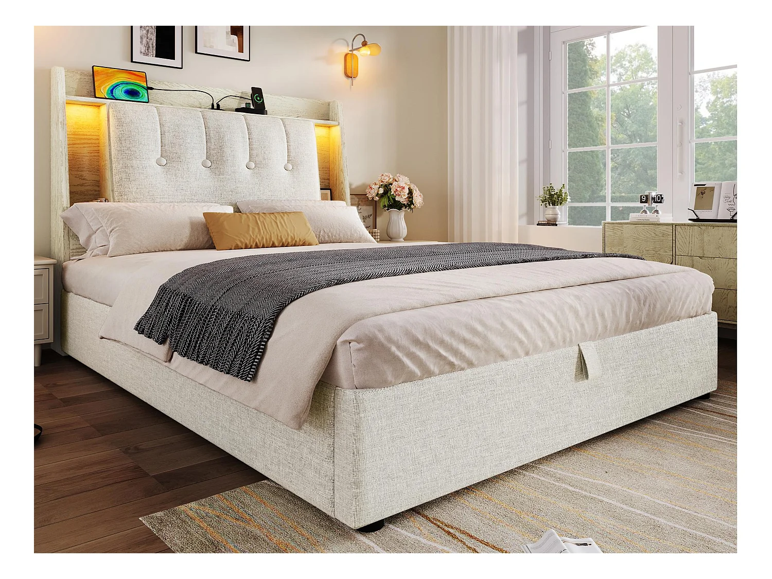 Letto contenitore imbottito 90x200 cm - con ricarica USB Tipo-C - illuminazione LED - lino - ​​beige​​ (materasso non incluso)