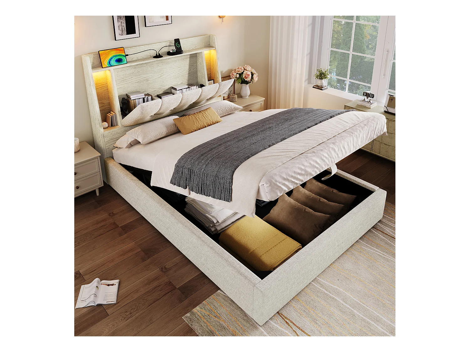 Letto contenitore imbottito 90x200 cm - con ricarica USB Tipo-C - illuminazione LED - lino - ​​beige​​ (materasso non incluso)