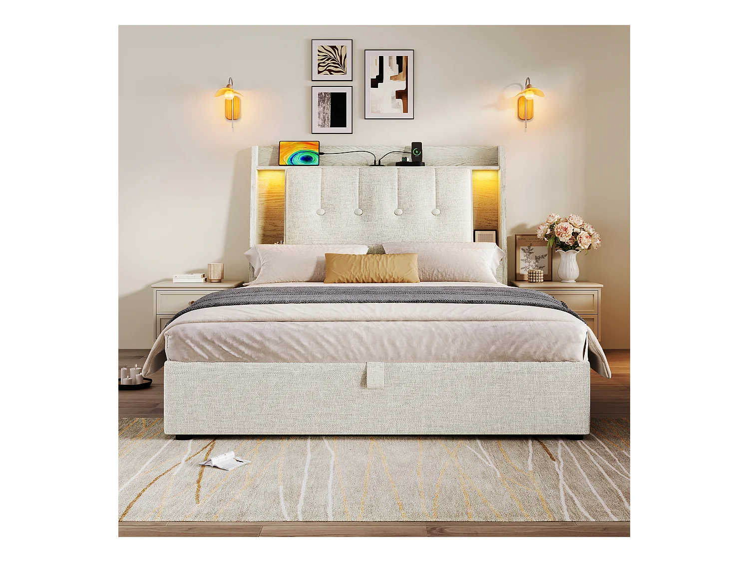 Letto contenitore imbottito 90x200 cm - con ricarica USB Tipo-C - illuminazione LED - lino - ​​beige​​ (materasso non incluso)