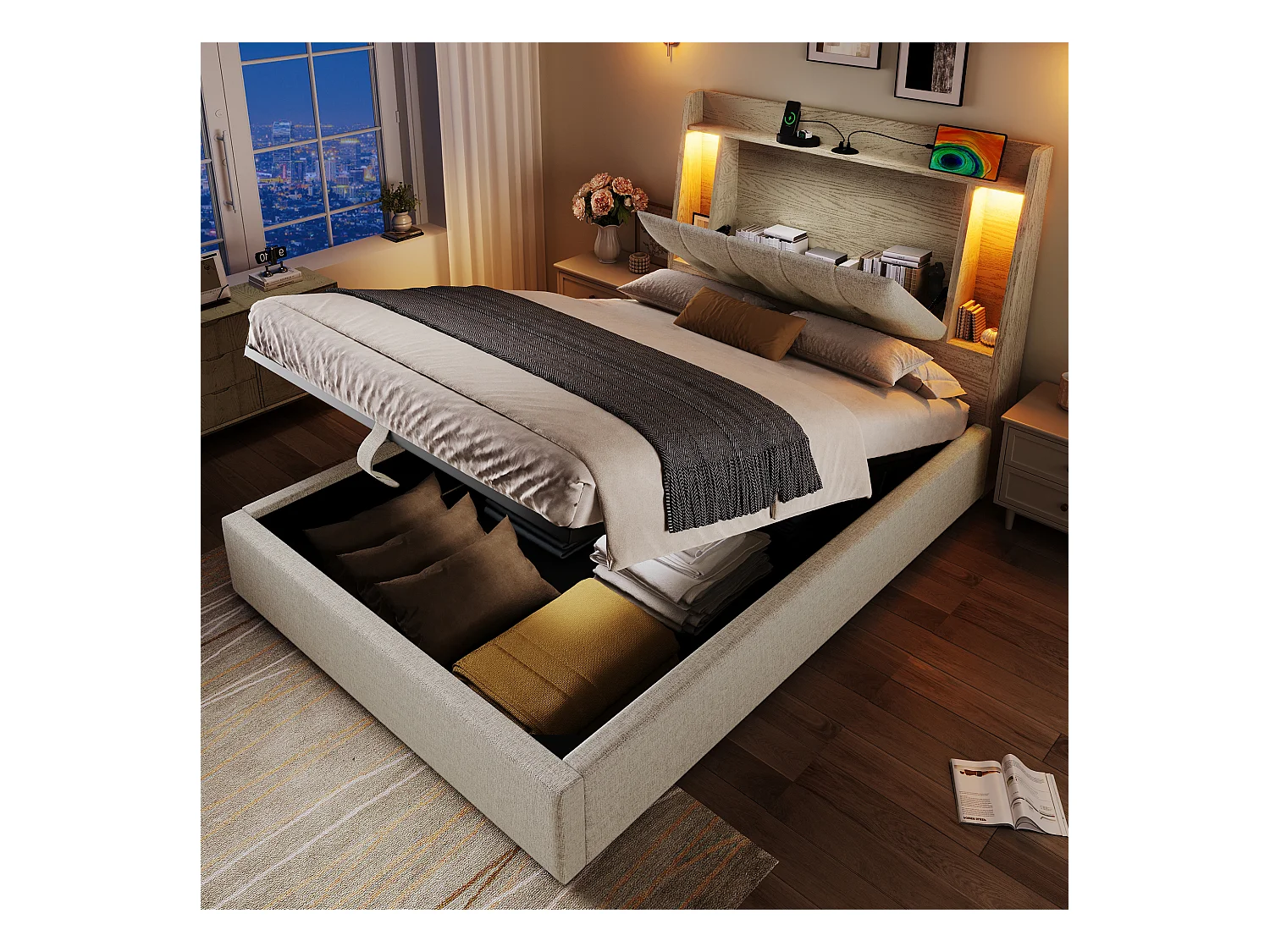 Letto contenitore imbottito 90x200 cm - con ricarica USB Tipo-C - illuminazione LED - lino - ​​beige​​ (materasso non incluso)