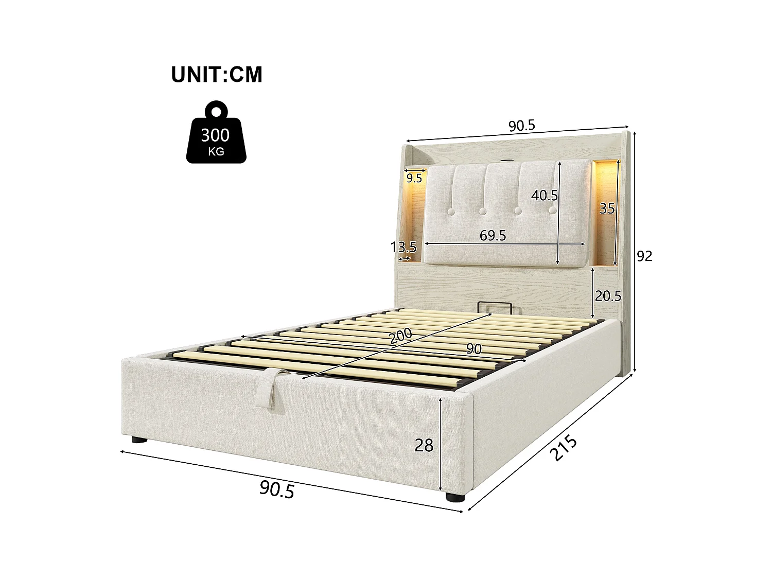 Letto contenitore imbottito 90x200 cm - con ricarica USB Tipo-C - illuminazione LED - lino - ​​beige​​ (materasso non incluso)