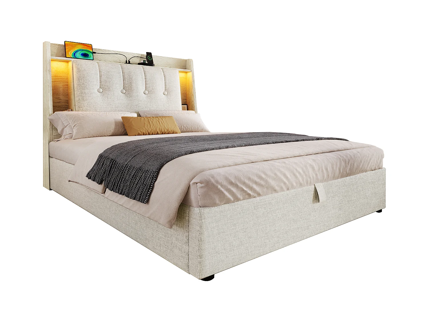 Letto contenitore imbottito 90x200 cm - con ricarica USB Tipo-C - illuminazione LED - lino - ​​beige​​ (materasso non incluso)