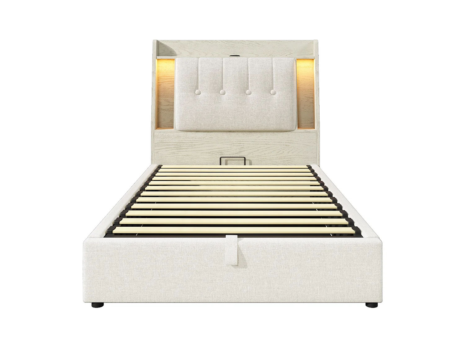 Letto contenitore imbottito 90x200 cm - con ricarica USB Tipo-C - illuminazione LED - lino - ​​beige​​ (materasso non incluso)