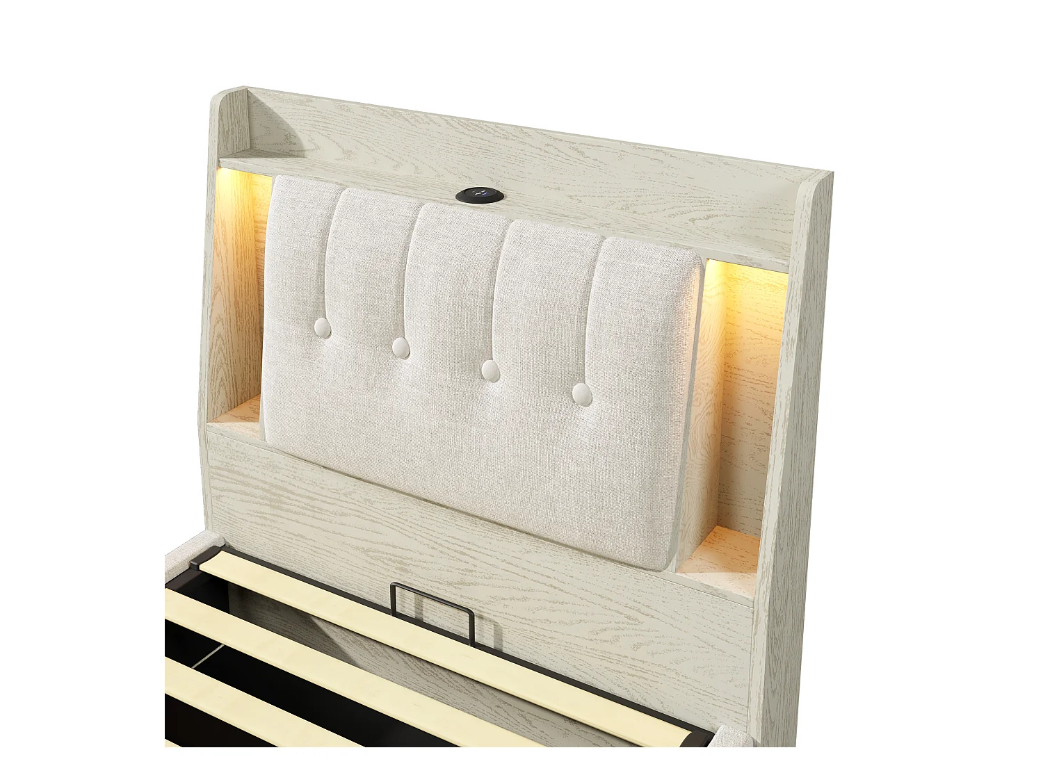 Letto contenitore imbottito 90x200 cm - con ricarica USB Tipo-C - illuminazione LED - lino - ​​beige​​ (materasso non incluso)