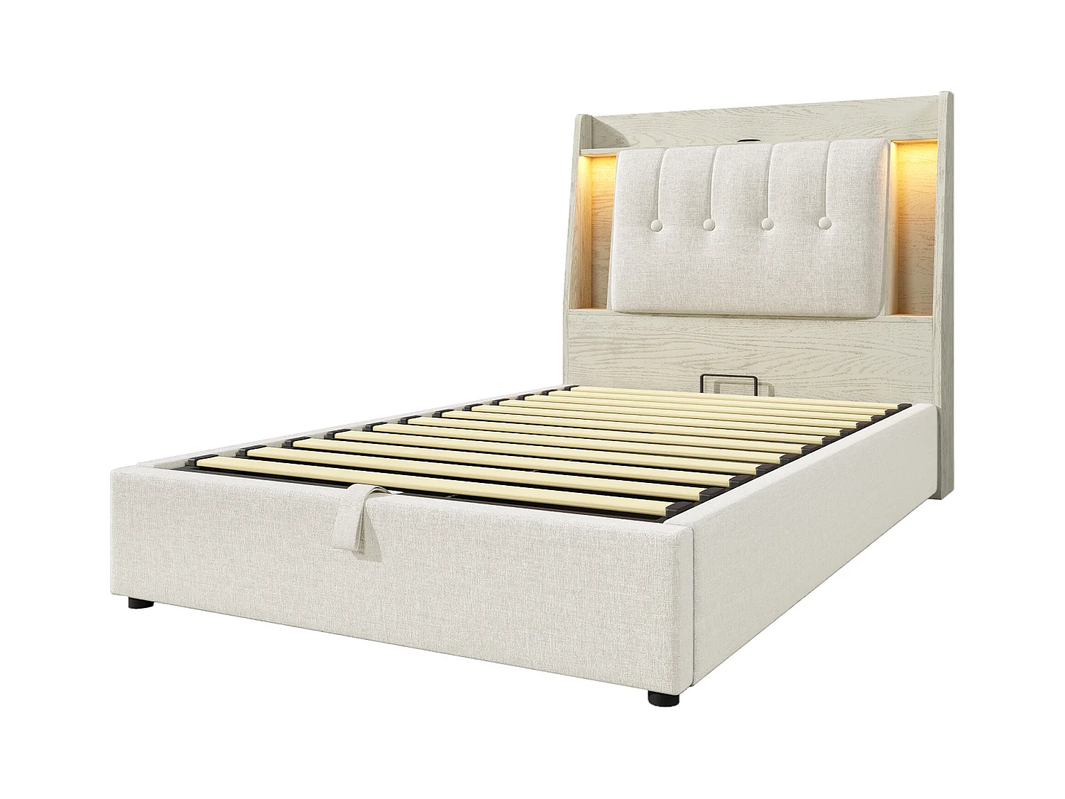 Letto contenitore imbottito 90x200 cm - con ricarica USB Tipo-C - illuminazione LED - lino - ​​beige​​ (materasso non incluso)