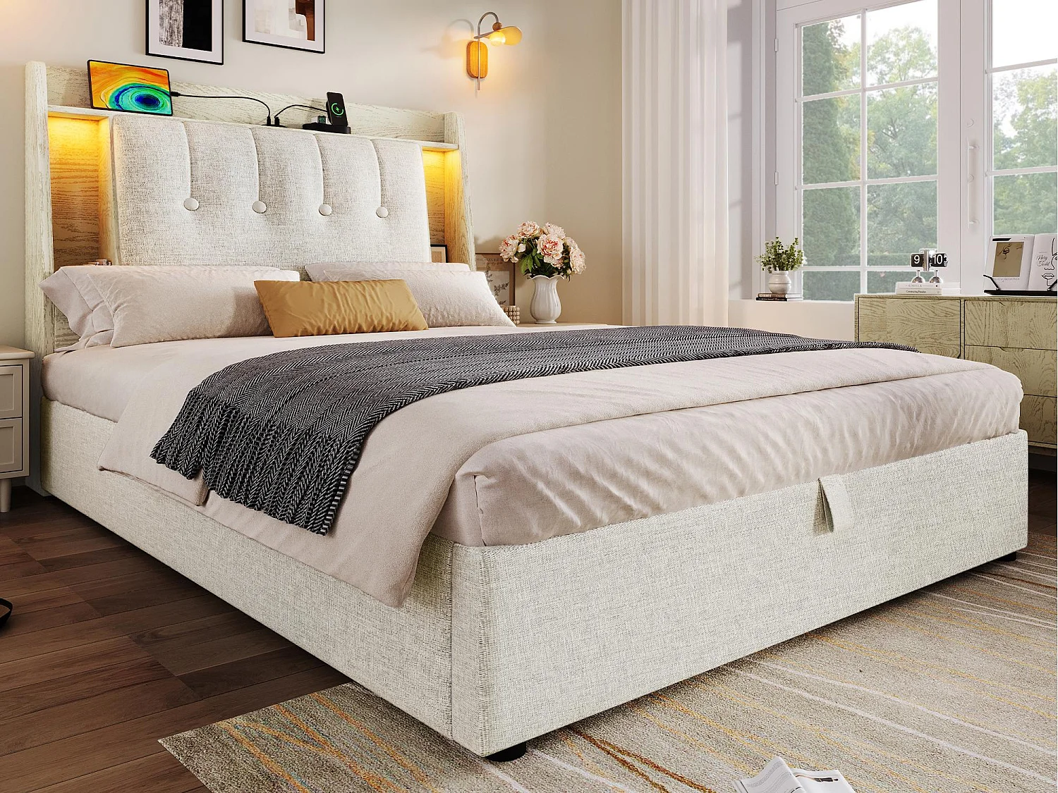 Gepolstertes Stauraumbett 90x200 cm - mit USB-Type-C-Ladefunktion - LED-Beleuchtung - Leinen - ​​beige​​ (Matratze nicht inbegriffen)