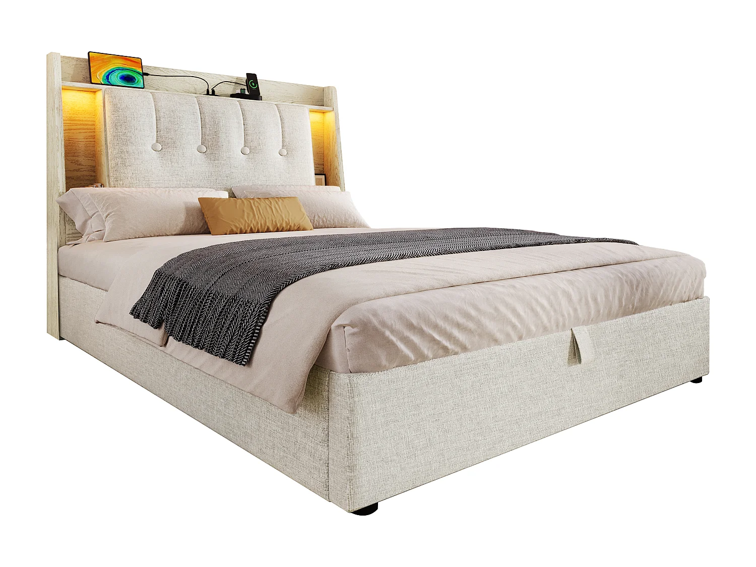 Gepolstertes Stauraumbett 90x200 cm - mit USB-Type-C-Ladefunktion - LED-Beleuchtung - Leinen - ​​beige​​ (Matratze nicht inbegriffen)