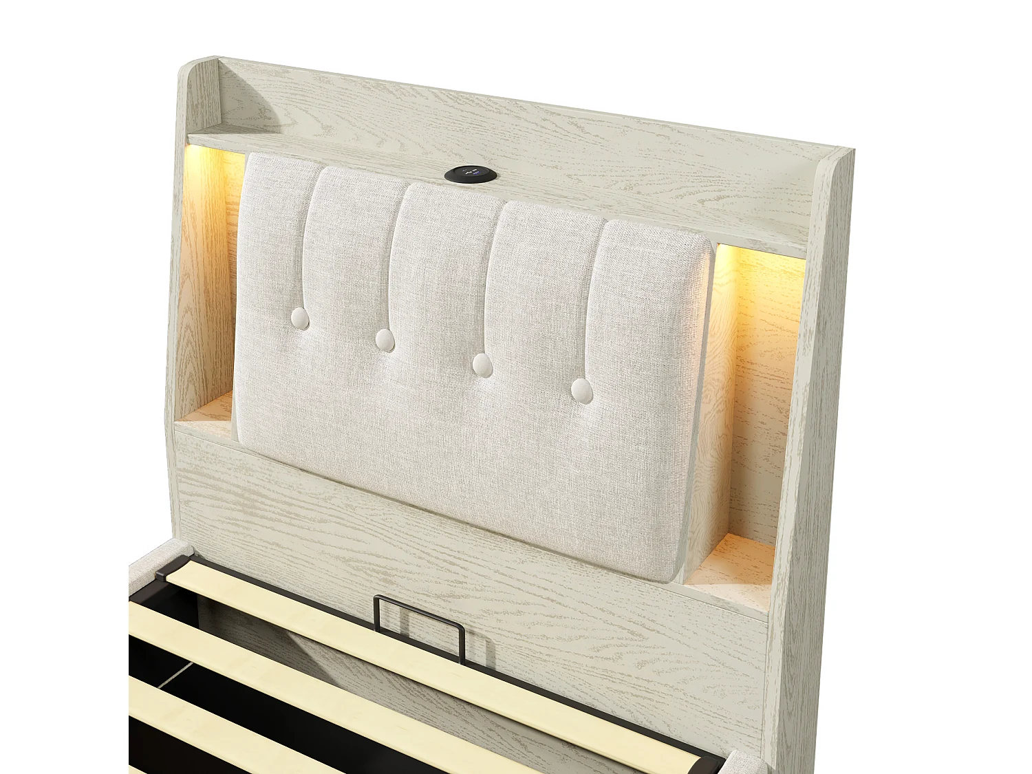 Gepolstertes Stauraumbett 90x200 cm - mit USB-Type-C-Ladefunktion - LED-Beleuchtung - Leinen - ​​beige​​ (Matratze nicht inbegriffen)