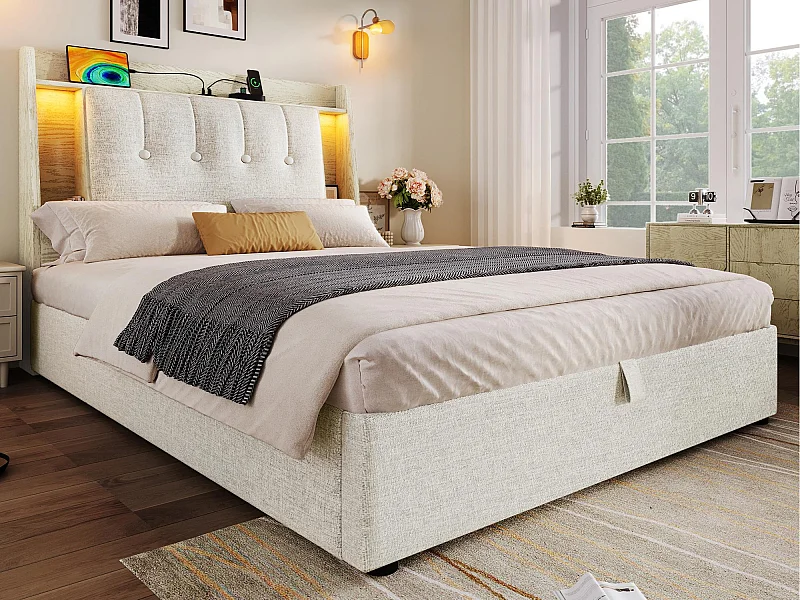 Lit coffre rembourré 90x200 cm - avec chargement USB Type-C - éclairage LED - lin - beige (matelas non inclus)