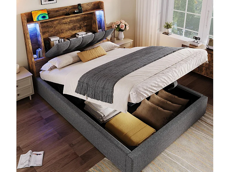 Lit coffre rembourré 90x200 cm - avec chargement USB Type-C - éclairage LED - lin - gris (matelas non inclus)