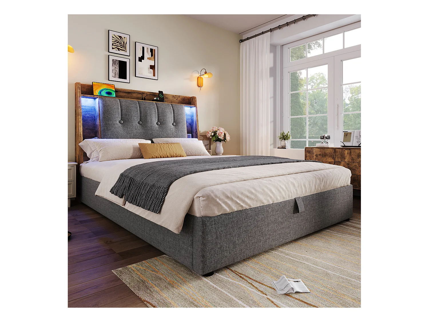 Lit coffre rembourré 90x200 cm - avec chargement USB Type-C - éclairage LED - lin - gris (matelas non inclus)