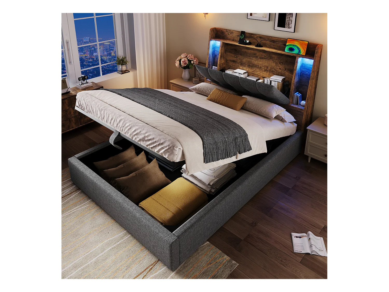 Lit coffre rembourré 90x200 cm - avec chargement USB Type-C - éclairage LED - lin - gris (matelas non inclus)