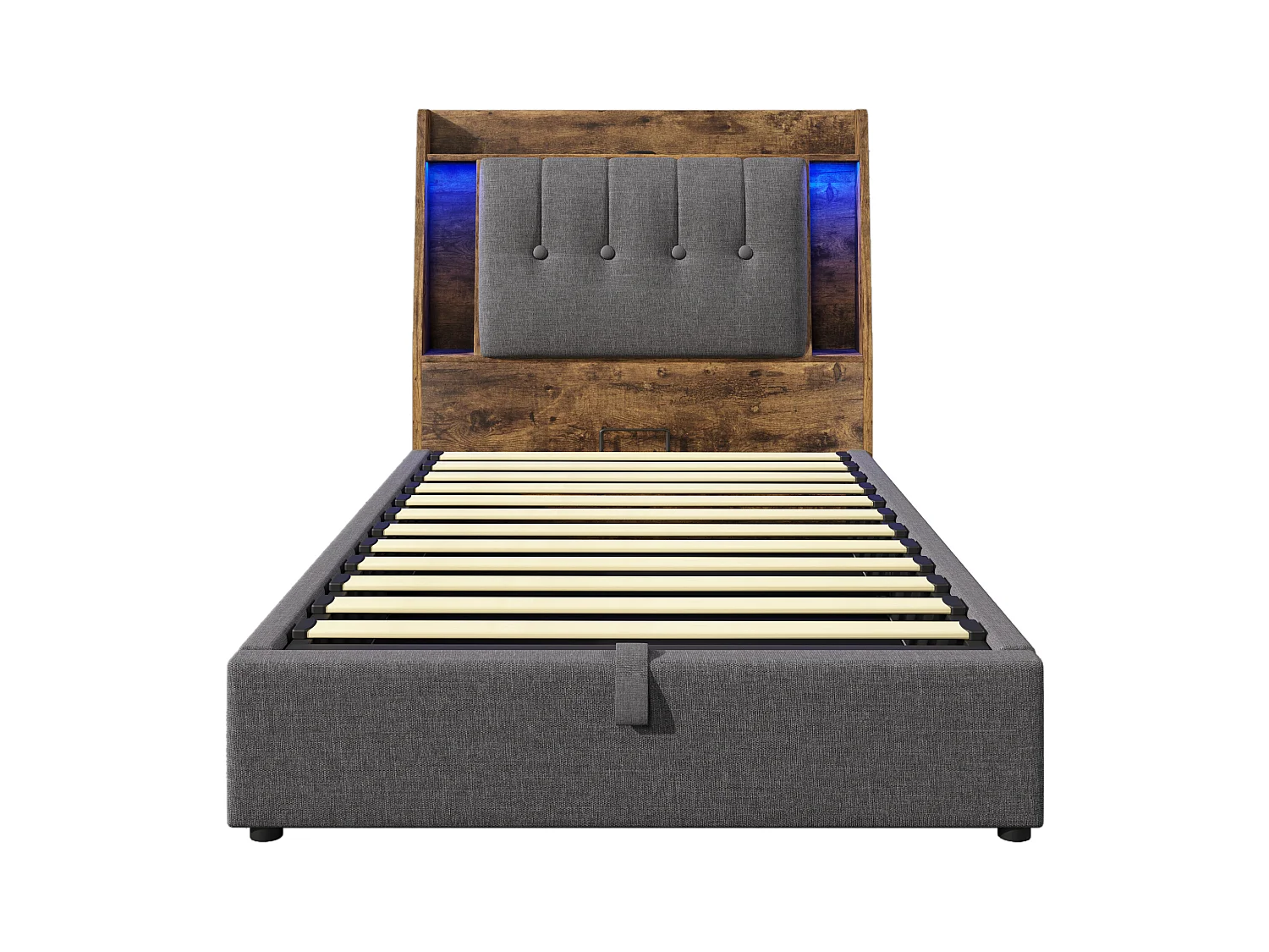 Lit coffre rembourré 90x200 cm - avec chargement USB Type-C - éclairage LED - lin - gris (matelas non inclus)