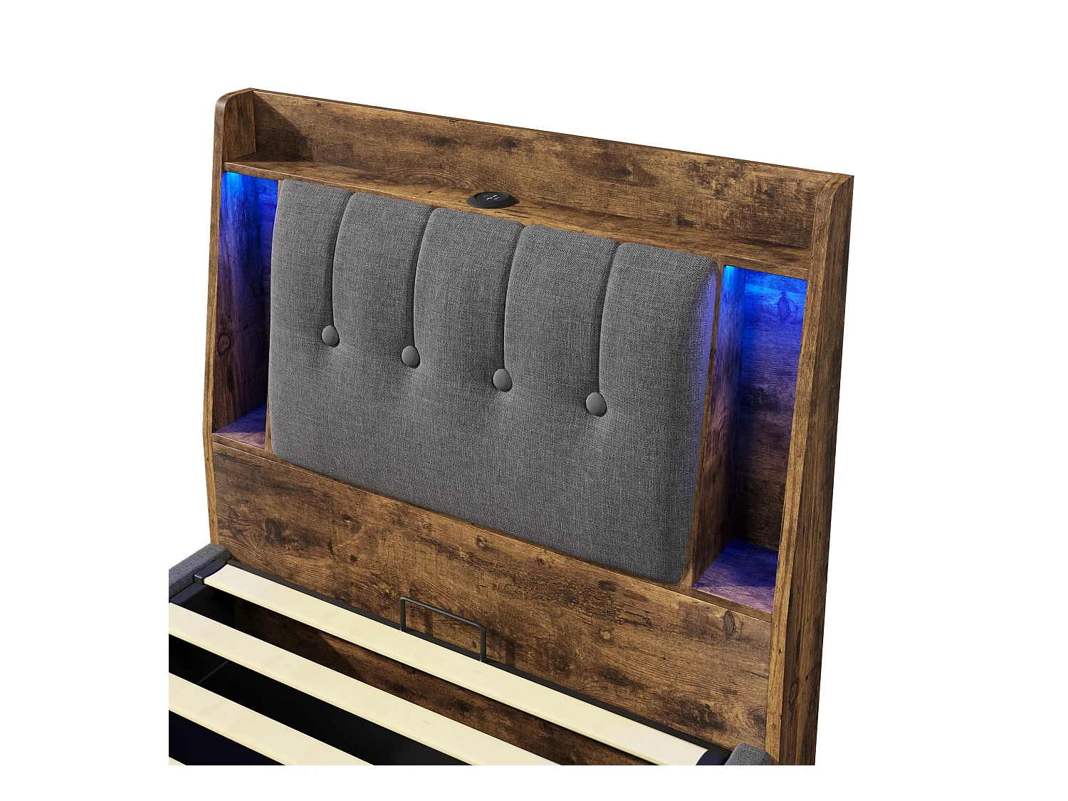 Lit coffre rembourré 90x200 cm - avec chargement USB Type-C - éclairage LED - lin - gris (matelas non inclus)