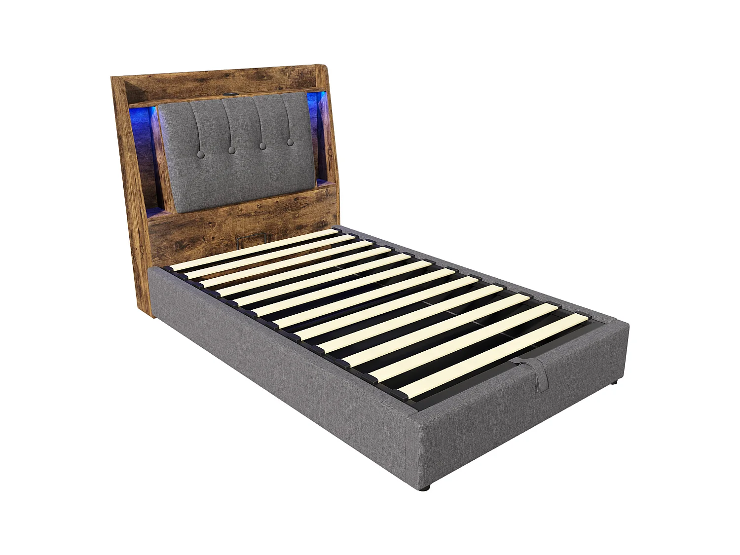 Lit coffre rembourré 90x200 cm - avec chargement USB Type-C - éclairage LED - lin - gris (matelas non inclus)