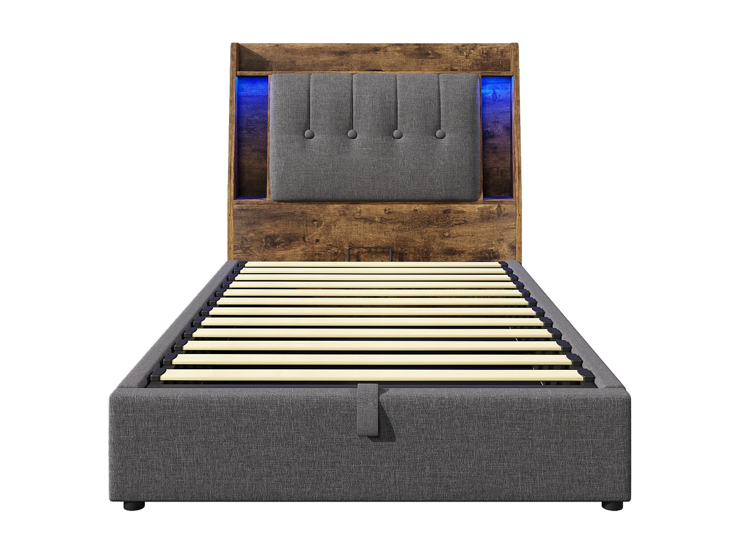 Lit coffre rembourré 90x200 cm - avec chargement USB Type-C - éclairage LED - lin - gris (matelas non inclus)