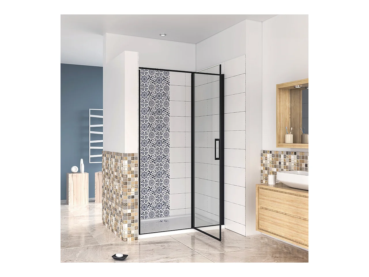 90x185 cm Box Doccia per Nicchia Porta Battente Verso Esterno in Vetro Temperato Trasparente Anticalcare 6 mm Profilo Nero Opaco