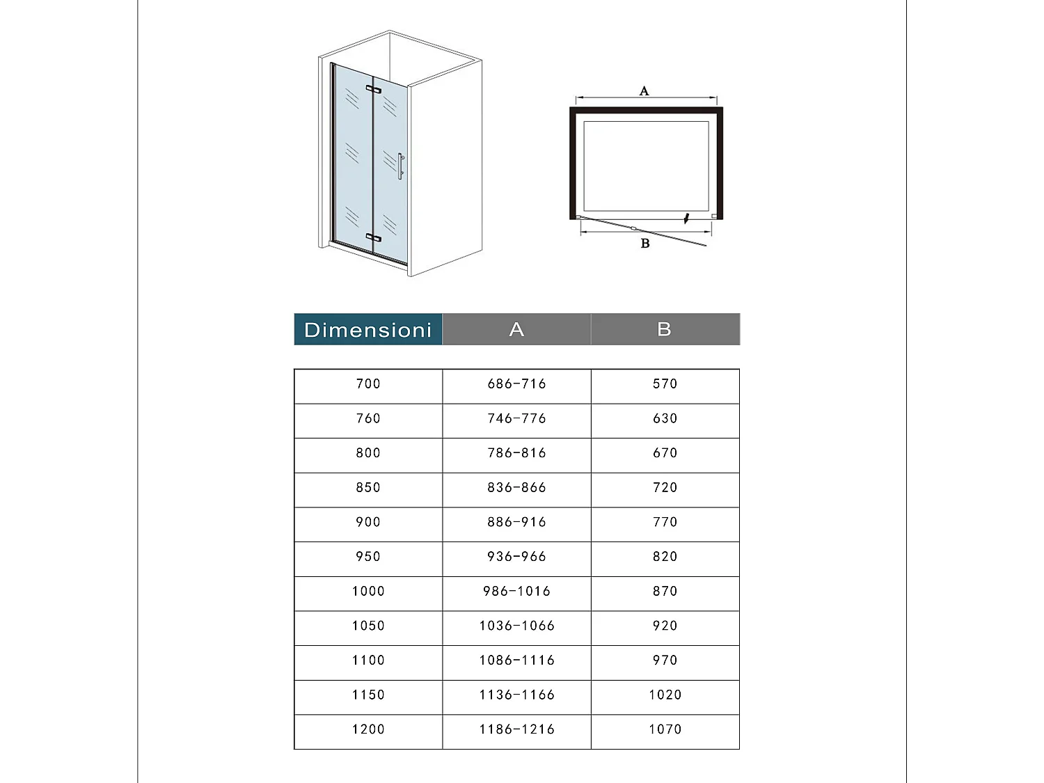 105x195 cm Porta Doccia Per Nicchia Battente e Pieghevole a Libro In Vetro Temperato Trasparente Anticalcare Da 6 mm