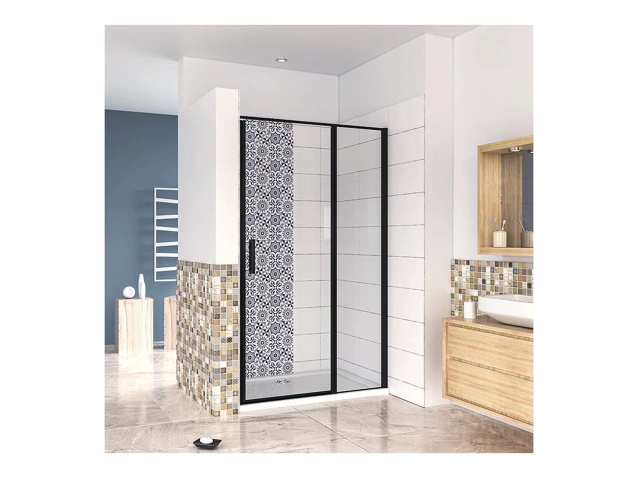 120x185 cm Box Doccia per Nicchia Porta Battente Verso Esterno in Vetro Temperato Trasparente Anticalcare 6 mm Profilo Nero Opaco