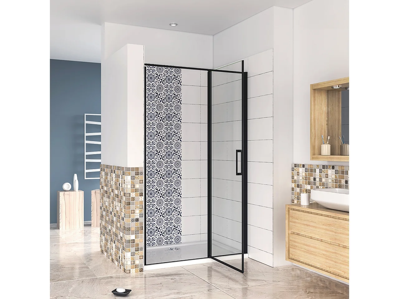 120x185 cm Box Doccia per Nicchia Porta Battente Verso Esterno in Vetro Temperato Trasparente Anticalcare 6 mm Profilo Nero Opaco