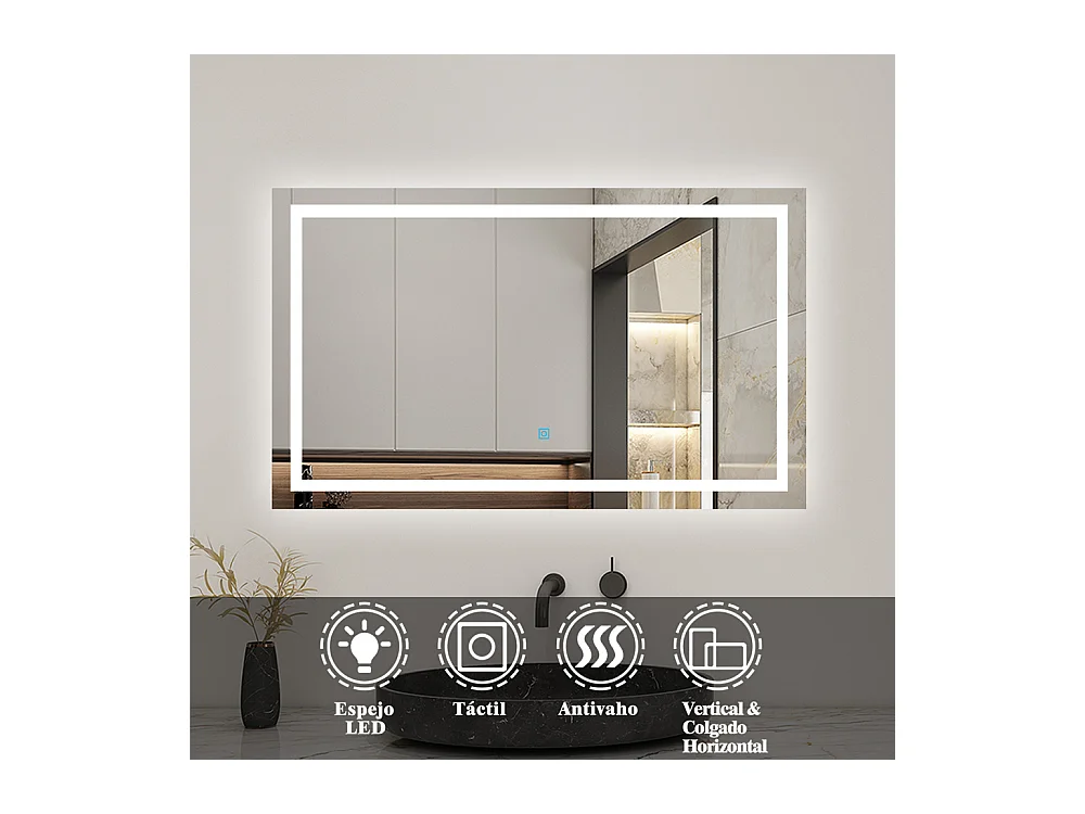 Espejo de baño con Led,120 x 80 cm, luz blanca, rectangular, Con función antivaho, memoria agapada, brillo ajustable.