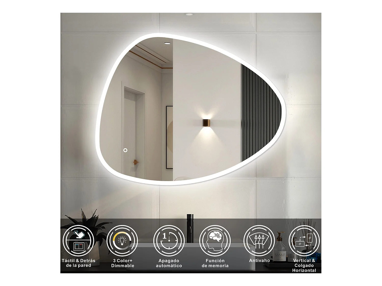 AICA Espejo de baño con luz LED,120 x 80 cm,luz tres colores+ antivaho+ brillo ajustable+ función de menmoria agapada