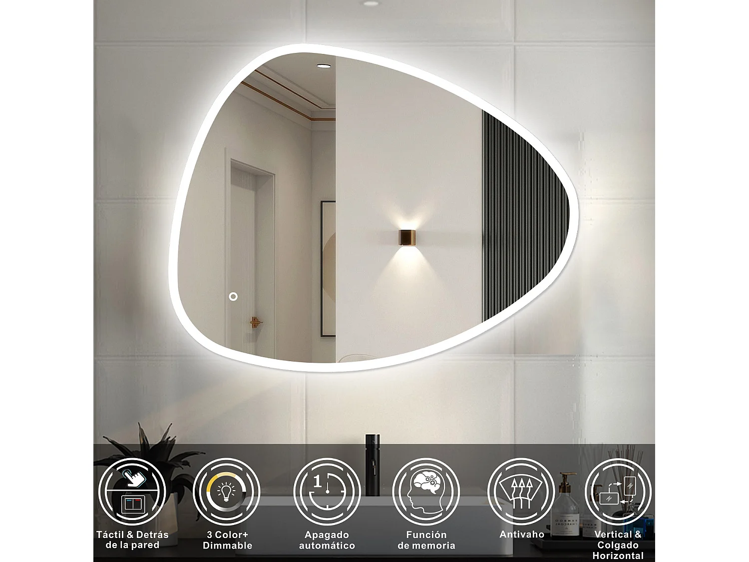 AICA Espejo de baño con luz LED,120 x 80 cm,luz tres colores+ antivaho+ brillo ajustable+ función de memoria agapada