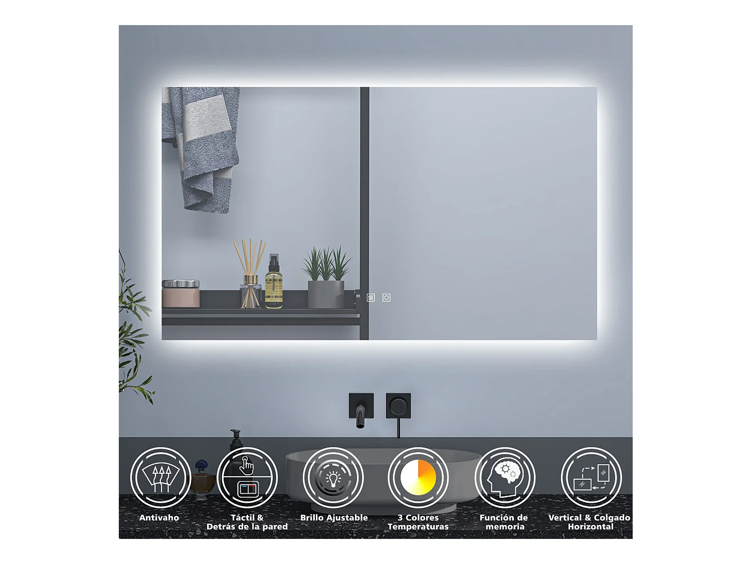 AICA Espejo de baño con luz LED,100 x 60 cm,luz tres colores+ antivaho+ brillo ajustable+ función de menmoria agapada