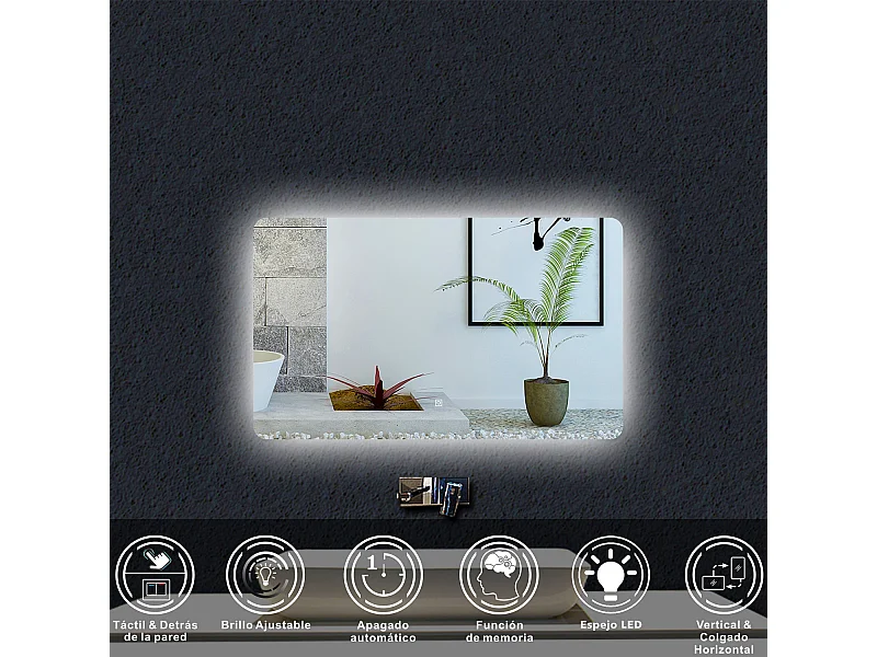 AICA Espejo de baño con luz LED,100 x 70 cm,luz led+ brillo ajustable+ función de menmoria agapada